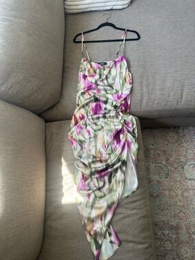 Cider Satin Asymmetrical Slip Dress in Purple and Green Floral